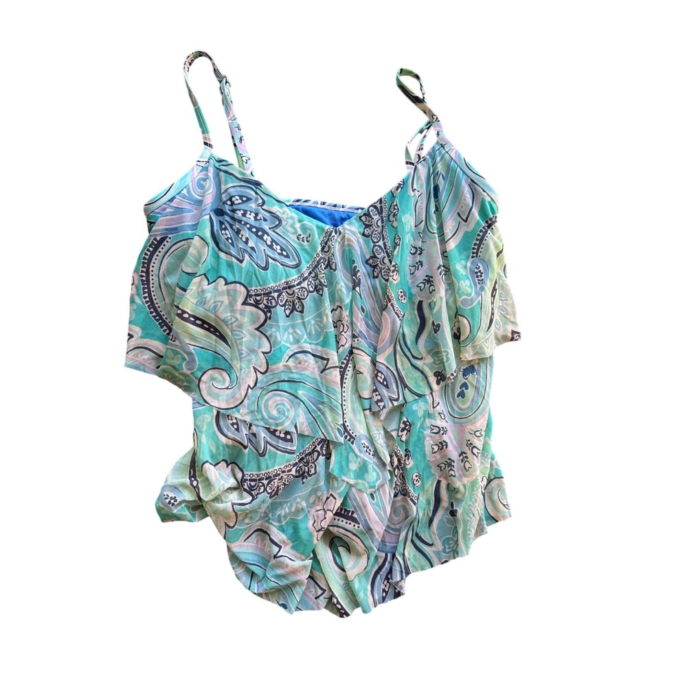 Beach House Womens Blue Turquoise Paisley Ruffle Tiered Tankini Swim Top Size 14